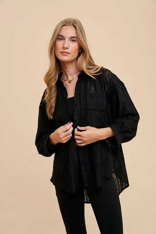 Annie Wear Openwork Button Down Drop Shoulder Shirt - LuminaAnnie Wear Openwork Button Down Drop Shoulder Shirt