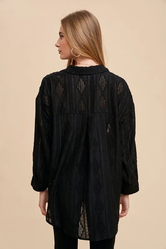 Annie Wear Openwork Button Down Drop Shoulder Shirt - LuminaAnnie Wear Openwork Button Down Drop Shoulder Shirt