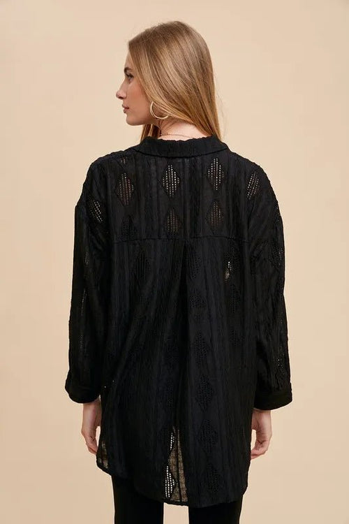 Annie Wear Openwork Button Down Drop Shoulder Shirt - LuminaAnnie Wear Openwork Button Down Drop Shoulder Shirt
