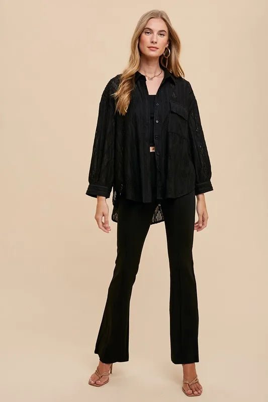 Annie Wear Openwork Button Down Drop Shoulder Shirt - LuminaAnnie Wear Openwork Button Down Drop Shoulder Shirt