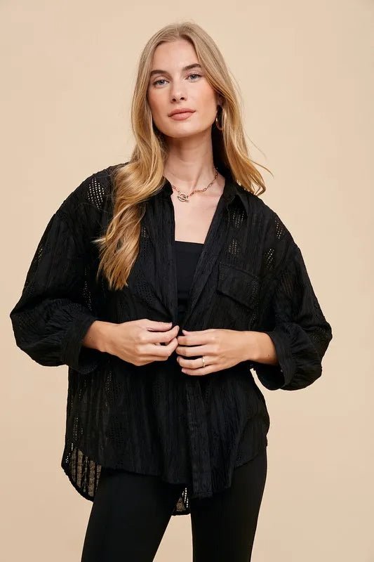 Annie Wear Openwork Button Down Drop Shoulder Shirt - LuminaAnnie Wear Openwork Button Down Drop Shoulder Shirt