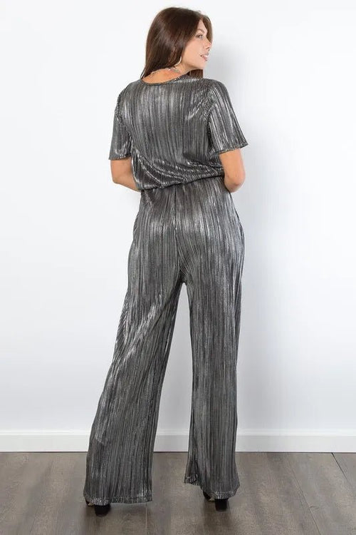 Be Stage Surplice Short Sleeve Pleated Foil Jumpsuit - LuminaBe Stage Surplice Short Sleeve Pleated Foil Jumpsuit