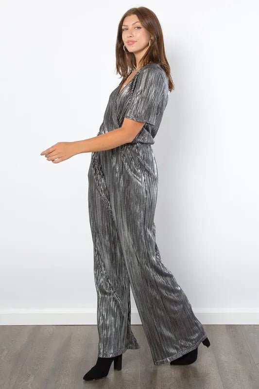 Be Stage Surplice Short Sleeve Pleated Foil Jumpsuit - LuminaBe Stage Surplice Short Sleeve Pleated Foil Jumpsuit