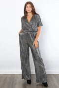 Be Stage Surplice Short Sleeve Pleated Foil Jumpsuit - LuminaBe Stage Surplice Short Sleeve Pleated Foil Jumpsuit