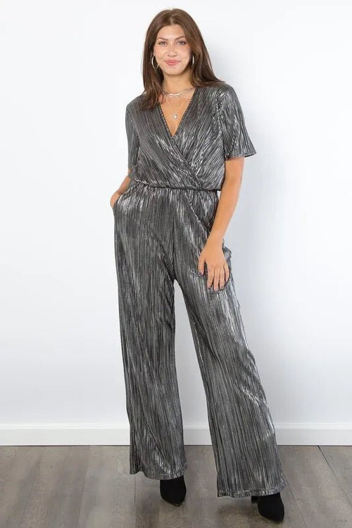 Be Stage Surplice Short Sleeve Pleated Foil Jumpsuit - LuminaBe Stage Surplice Short Sleeve Pleated Foil Jumpsuit