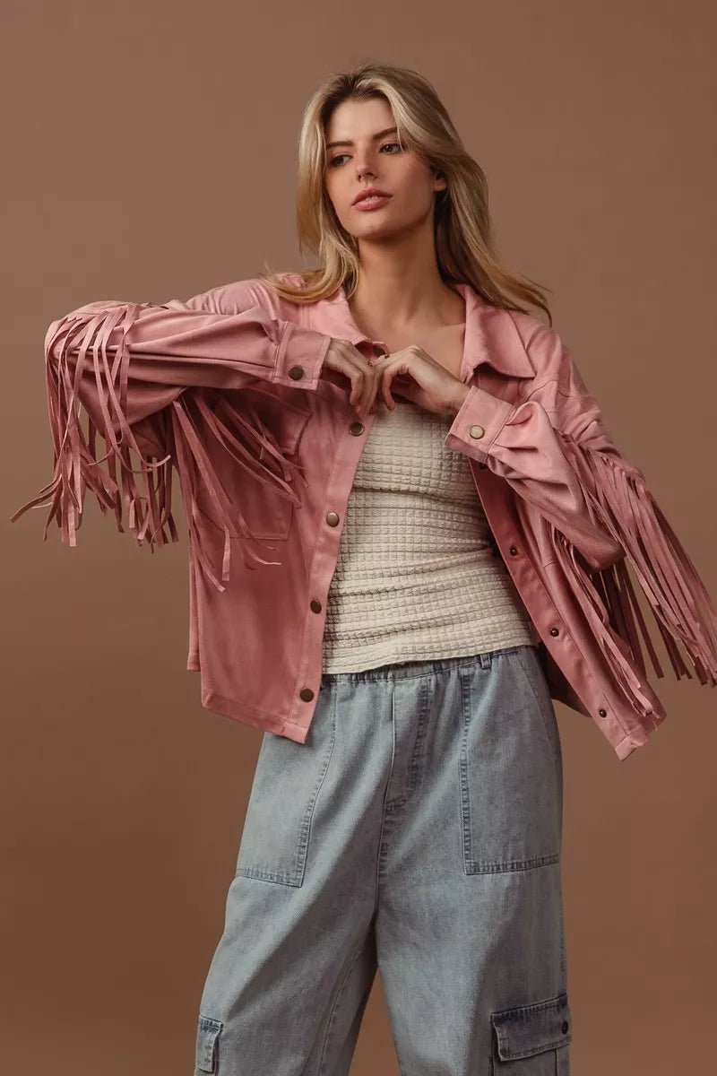 BiBi Suede Fringe Long Sleeve Jacket - LuminaBiBi Suede Fringe Long Sleeve Jacket