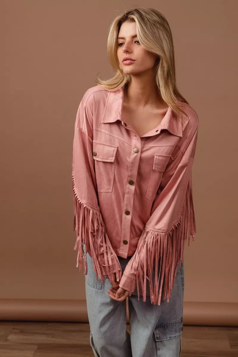 BiBi Suede Fringe Long Sleeve Jacket - LuminaBiBi Suede Fringe Long Sleeve Jacket