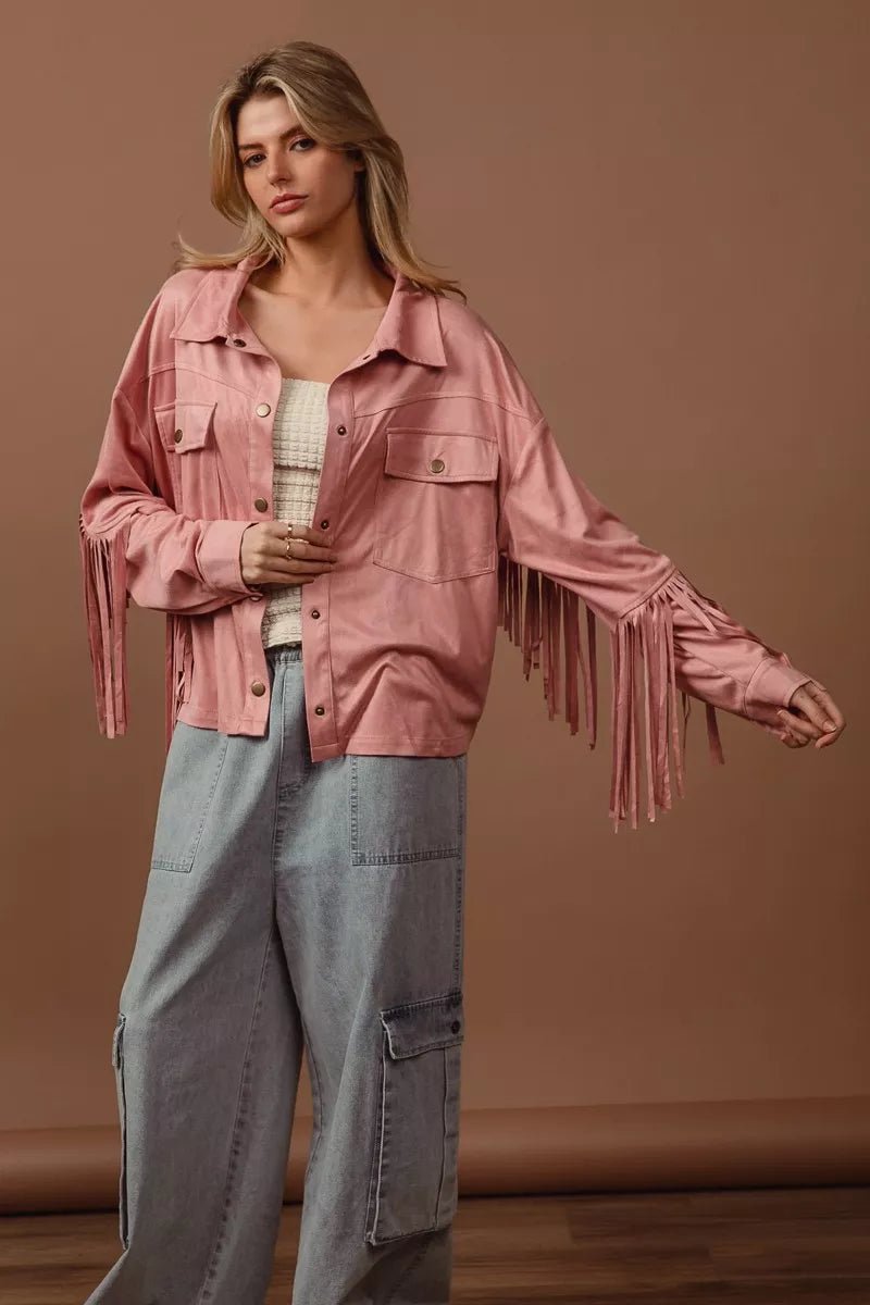 BiBi Suede Fringe Long Sleeve Jacket - LuminaBiBi Suede Fringe Long Sleeve Jacket