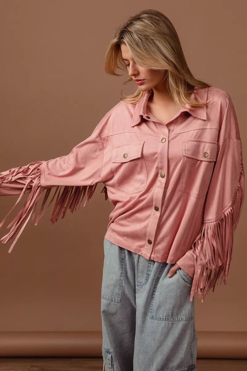 BiBi Suede Fringe Long Sleeve Jacket - LuminaBiBi Suede Fringe Long Sleeve Jacket