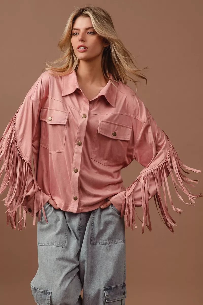 BiBi Suede Fringe Long Sleeve Jacket - LuminaBiBi Suede Fringe Long Sleeve Jacket