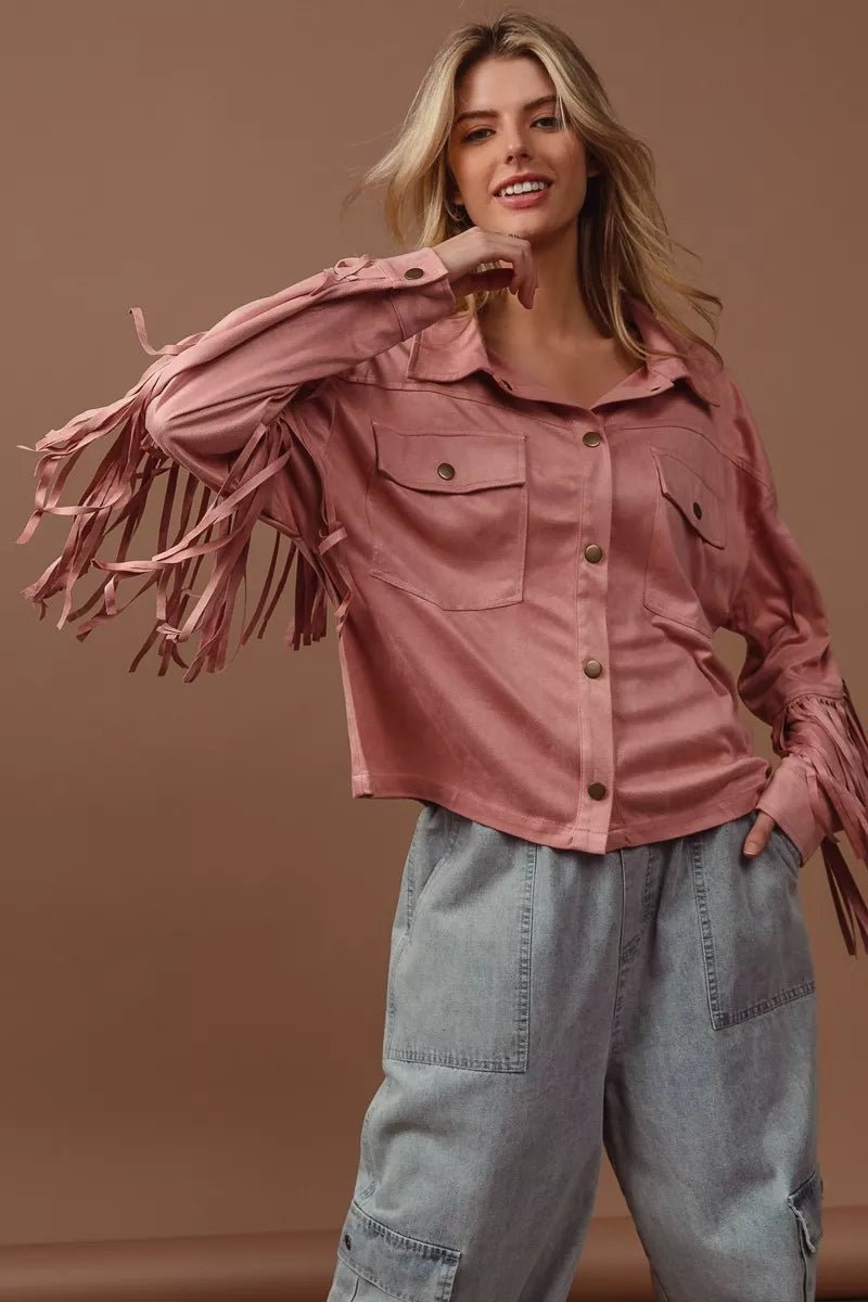 BiBi Suede Fringe Long Sleeve Jacket - LuminaBiBi Suede Fringe Long Sleeve Jacket