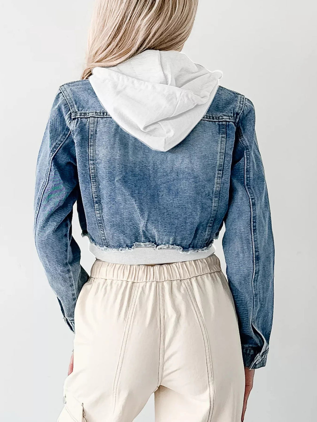 Distressed Zip Up Cropped Hooded Denim Jacket - LuminaDistressed Zip Up Cropped Hooded Denim Jacket