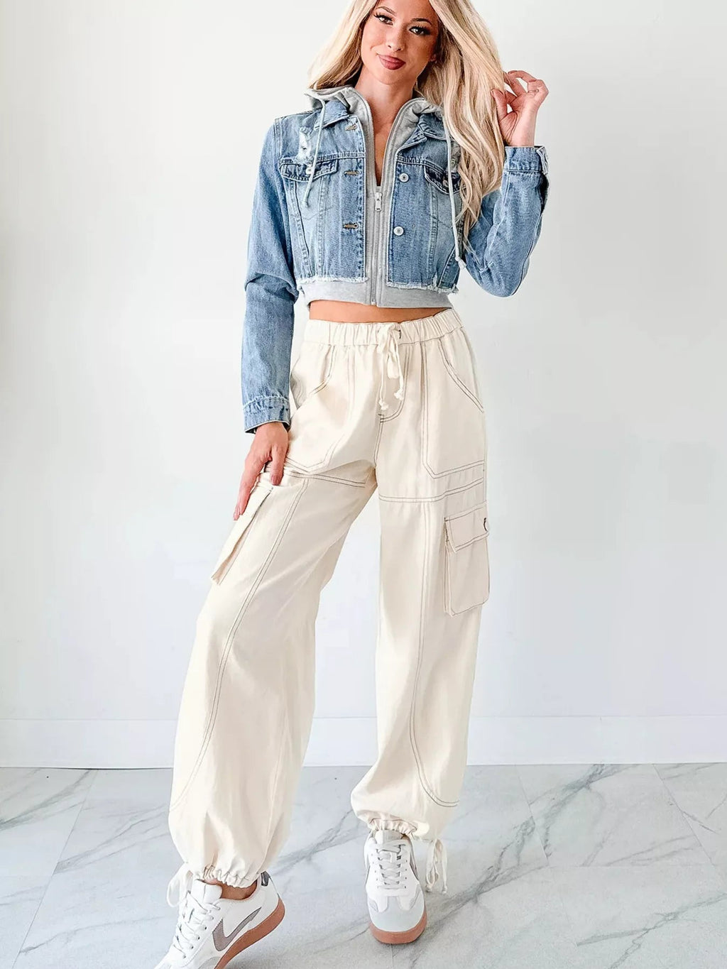 Distressed Zip Up Cropped Hooded Denim Jacket - LuminaDistressed Zip Up Cropped Hooded Denim Jacket