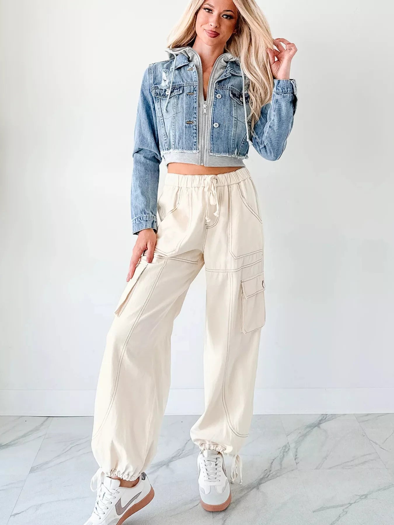 Distressed Zip Up Cropped Hooded Denim Jacket - LuminaDistressed Zip Up Cropped Hooded Denim Jacket