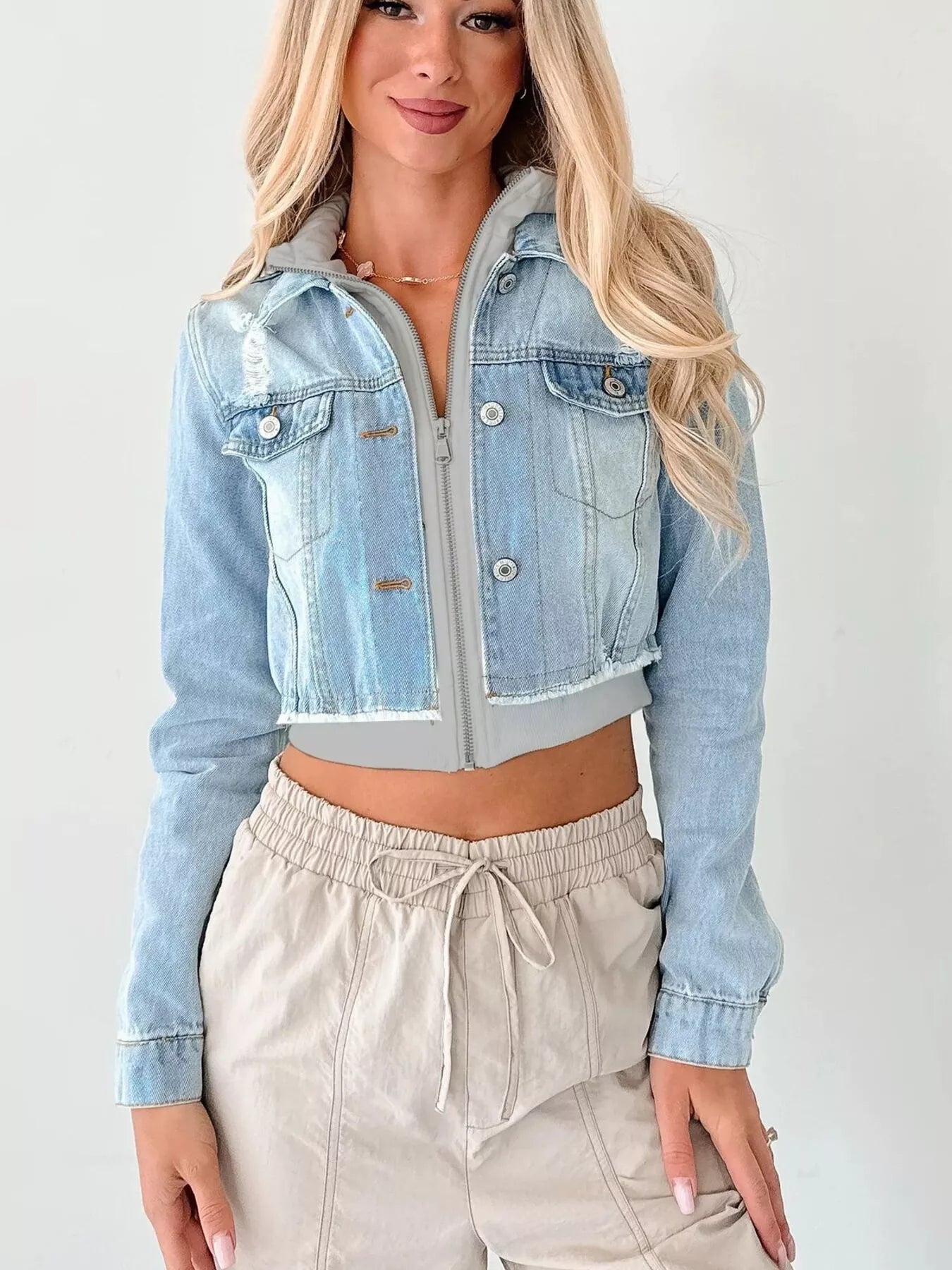 Distressed Zip Up Cropped Hooded Denim Jacket - LuminaDistressed Zip Up Cropped Hooded Denim Jacket