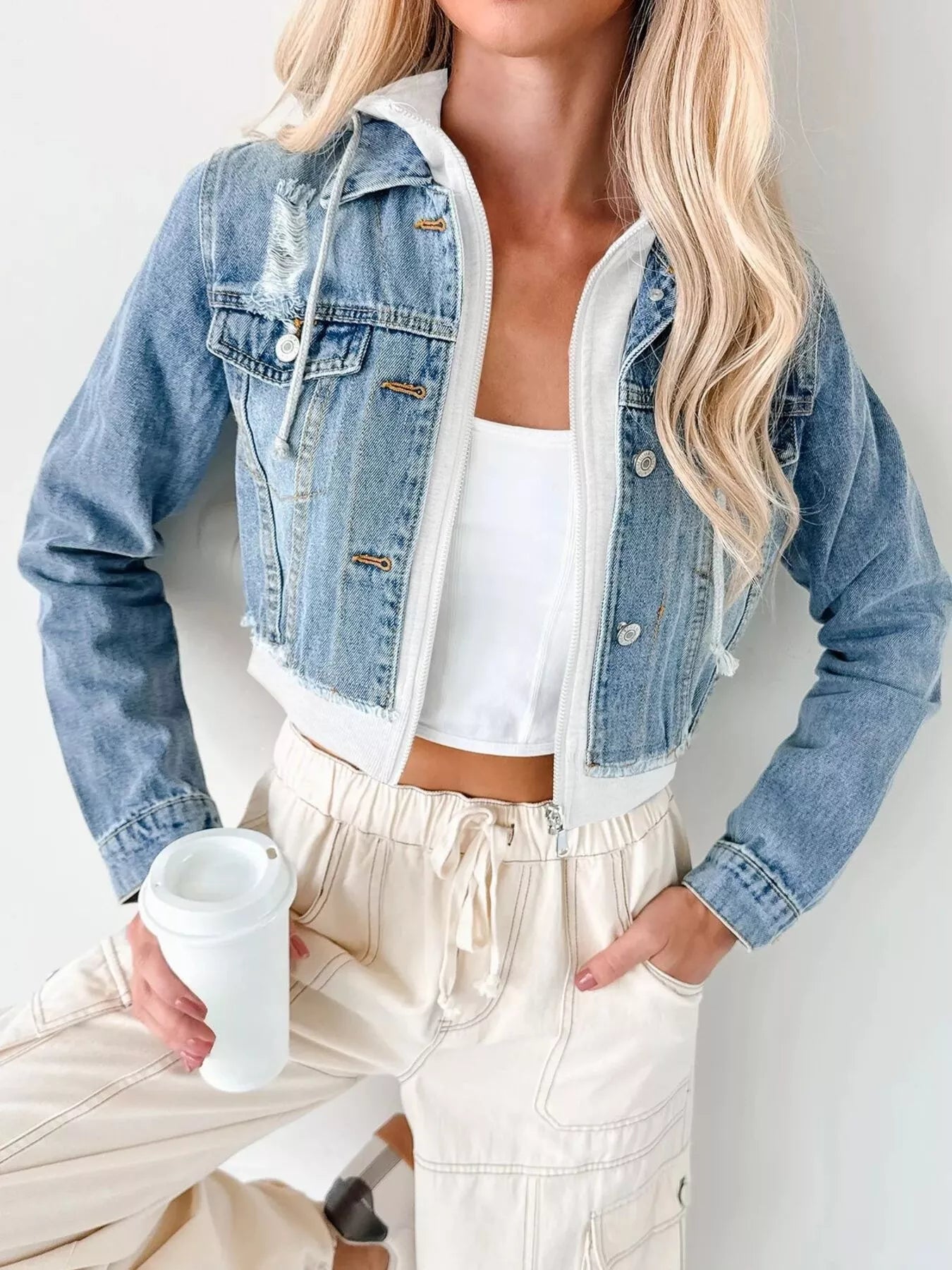 Distressed Zip Up Cropped Hooded Denim Jacket - LuminaDistressed Zip Up Cropped Hooded Denim Jacket