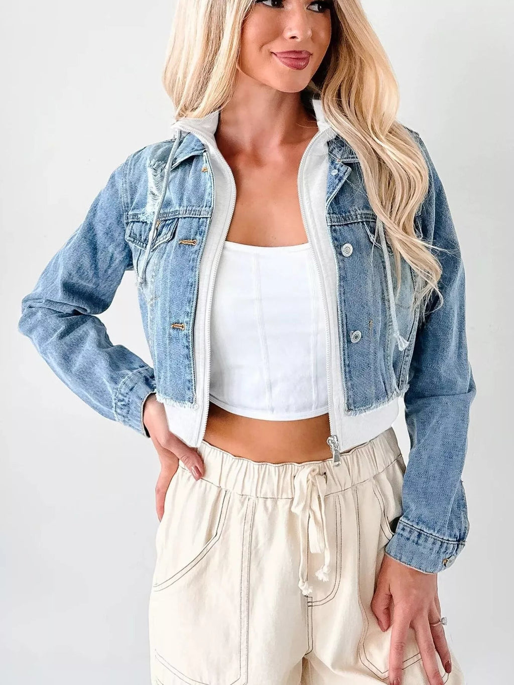 Distressed Zip Up Cropped Hooded Denim Jacket - LuminaDistressed Zip Up Cropped Hooded Denim Jacket