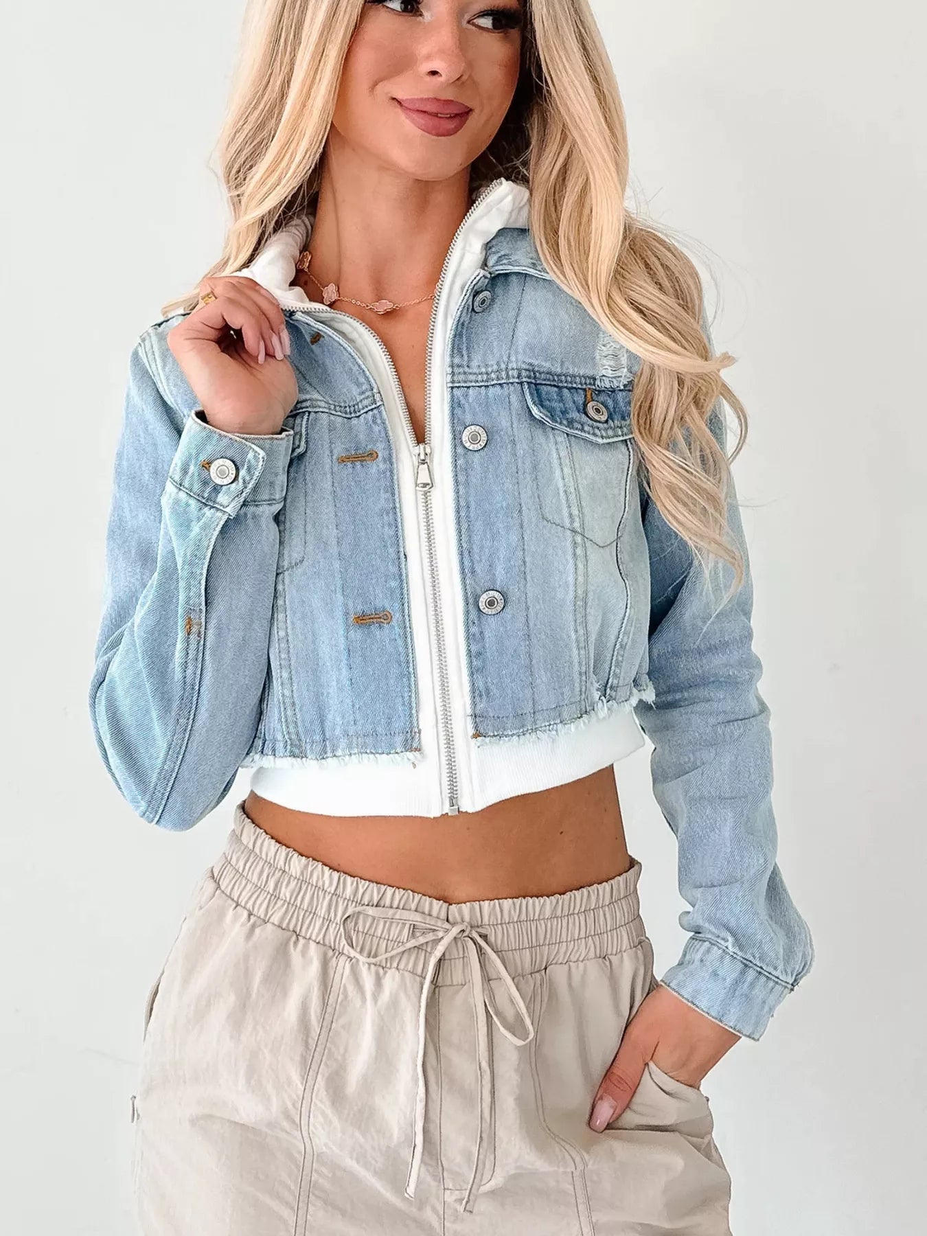 Distressed Zip Up Cropped Hooded Denim Jacket - LuminaDistressed Zip Up Cropped Hooded Denim Jacket