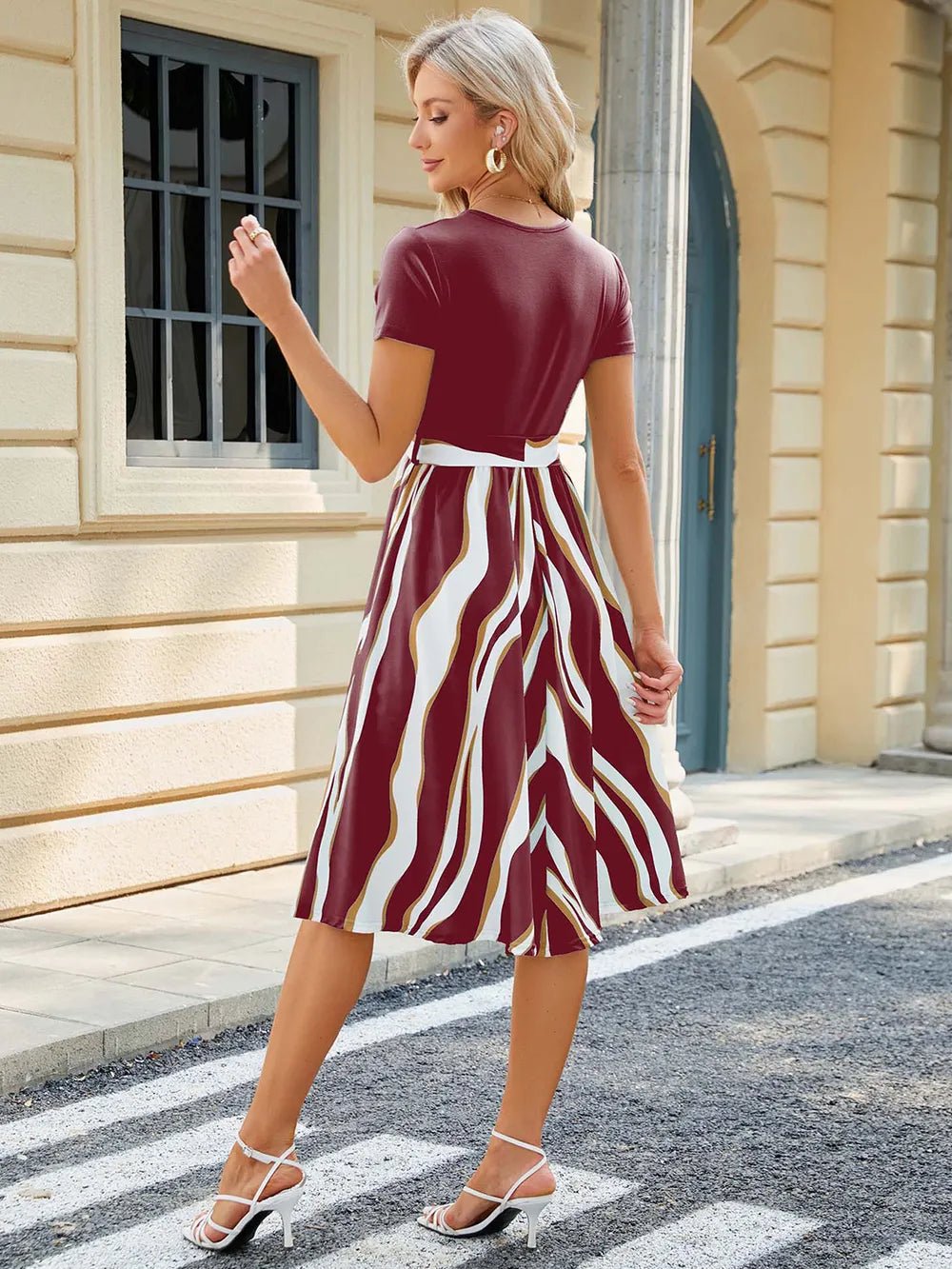 Printed Tie Waist Short Sleeve Dress - LuminaPrinted Tie Waist Short Sleeve Dress