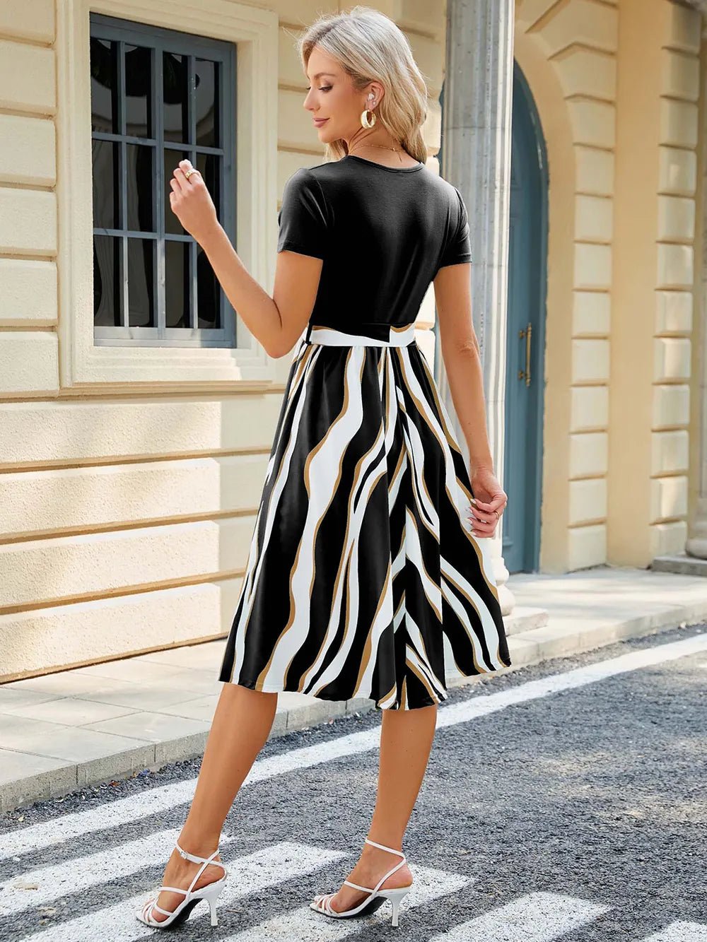 Printed Tie Waist Short Sleeve Dress - LuminaPrinted Tie Waist Short Sleeve Dress