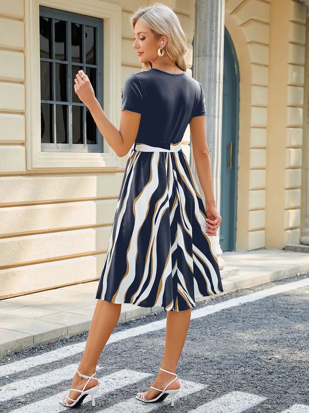 Printed Tie Waist Short Sleeve Dress - LuminaPrinted Tie Waist Short Sleeve Dress