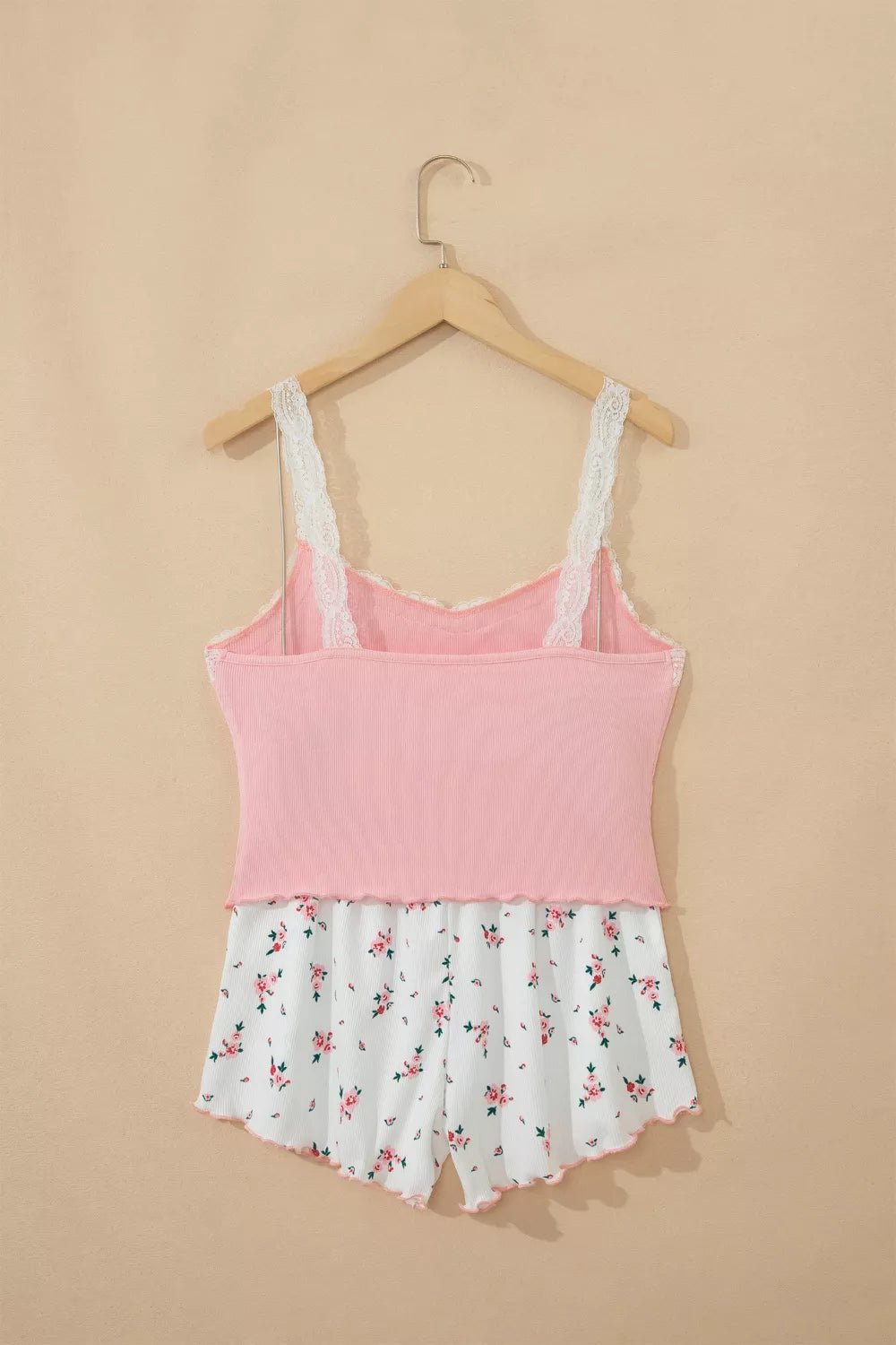 Ribbed Knit Lace Straps Patchwork Lettuce Hem Cropped Top Floral Short Lounge Set - LuminaRibbed Knit Lace Straps Patchwork Lettuce Hem Cropped Top Floral Short Lounge Set