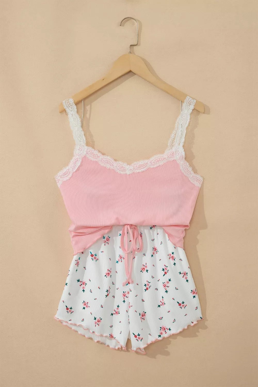 Ribbed Knit Lace Straps Patchwork Lettuce Hem Cropped Top Floral Short Lounge Set - LuminaRibbed Knit Lace Straps Patchwork Lettuce Hem Cropped Top Floral Short Lounge Set