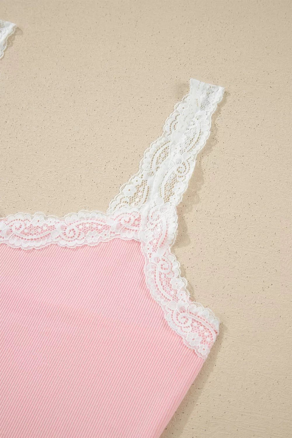 Ribbed Knit Lace Straps Patchwork Lettuce Hem Cropped Top Floral Short Lounge Set - LuminaRibbed Knit Lace Straps Patchwork Lettuce Hem Cropped Top Floral Short Lounge Set