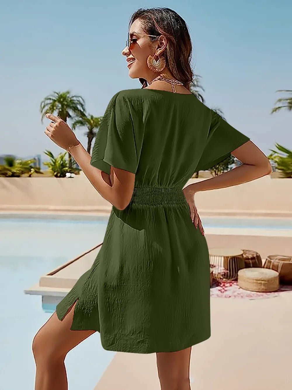 Smocked V-Neck Short Sleeve Dress - LuminaSmocked V-Neck Short Sleeve Dress