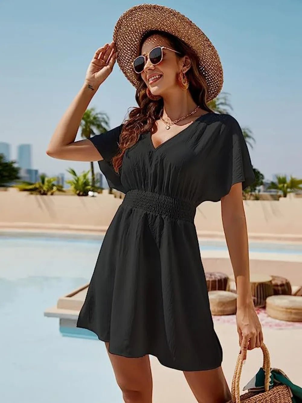 Smocked V-Neck Short Sleeve Dress - LuminaSmocked V-Neck Short Sleeve Dress