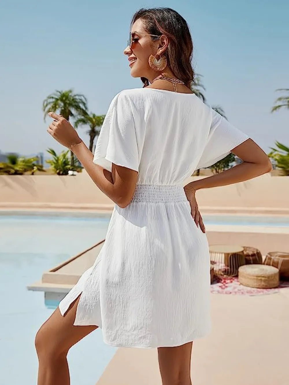 Smocked V-Neck Short Sleeve Dress - LuminaSmocked V-Neck Short Sleeve Dress