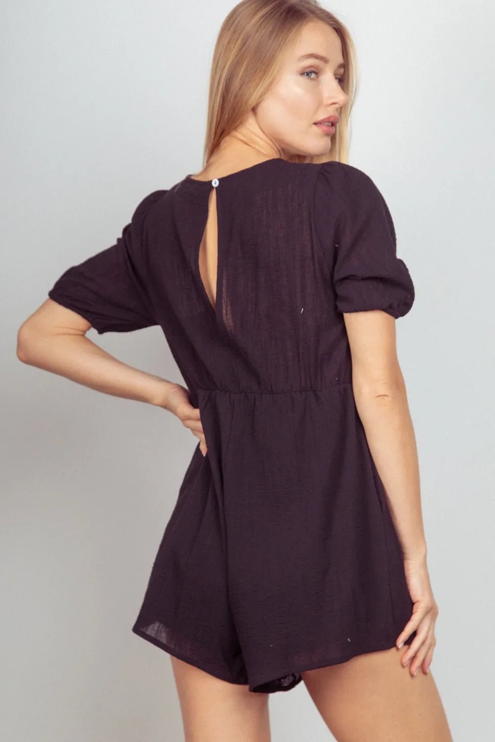 VERY J Lace Detail Puff Sleeve Romper with Pockets - LuminaVERY J Lace Detail Puff Sleeve Romper with Pockets