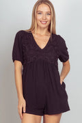 VERY J Lace Detail Puff Sleeve Romper with Pockets - LuminaVERY J Lace Detail Puff Sleeve Romper with Pockets